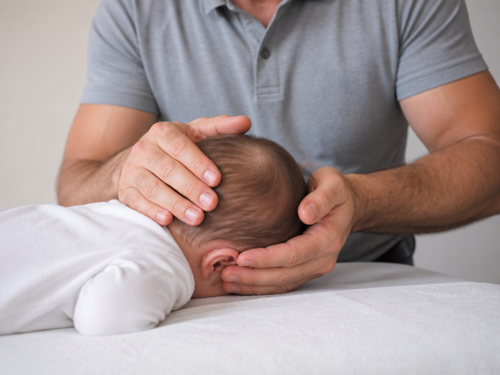 Fisioterapeuta realizando técnica craniana suave em um bebê