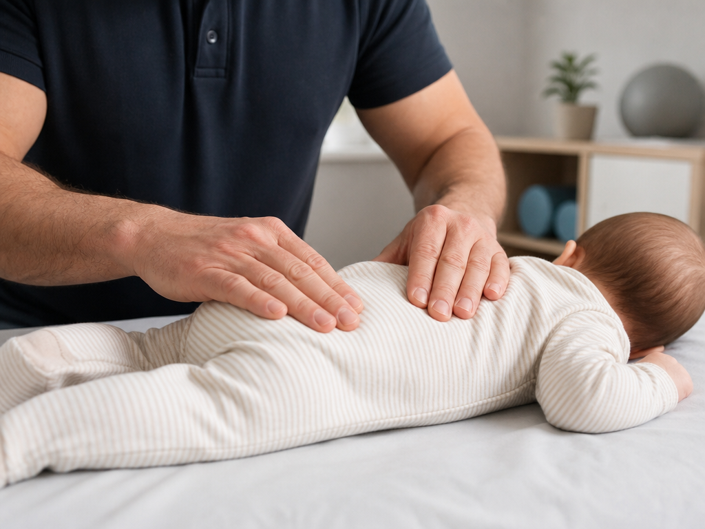 Fisioterapeuta realizando massagem abdominal suave em um bebê