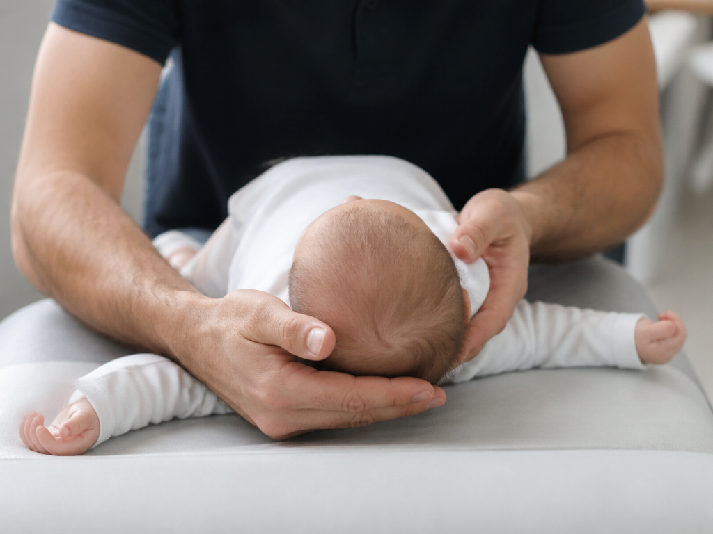 Fisioterapeuta avaliando a mobilidade do pescoço de um bebê